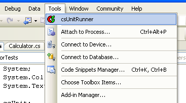 csUnit entry in Visual Studio 2005 tools menu
